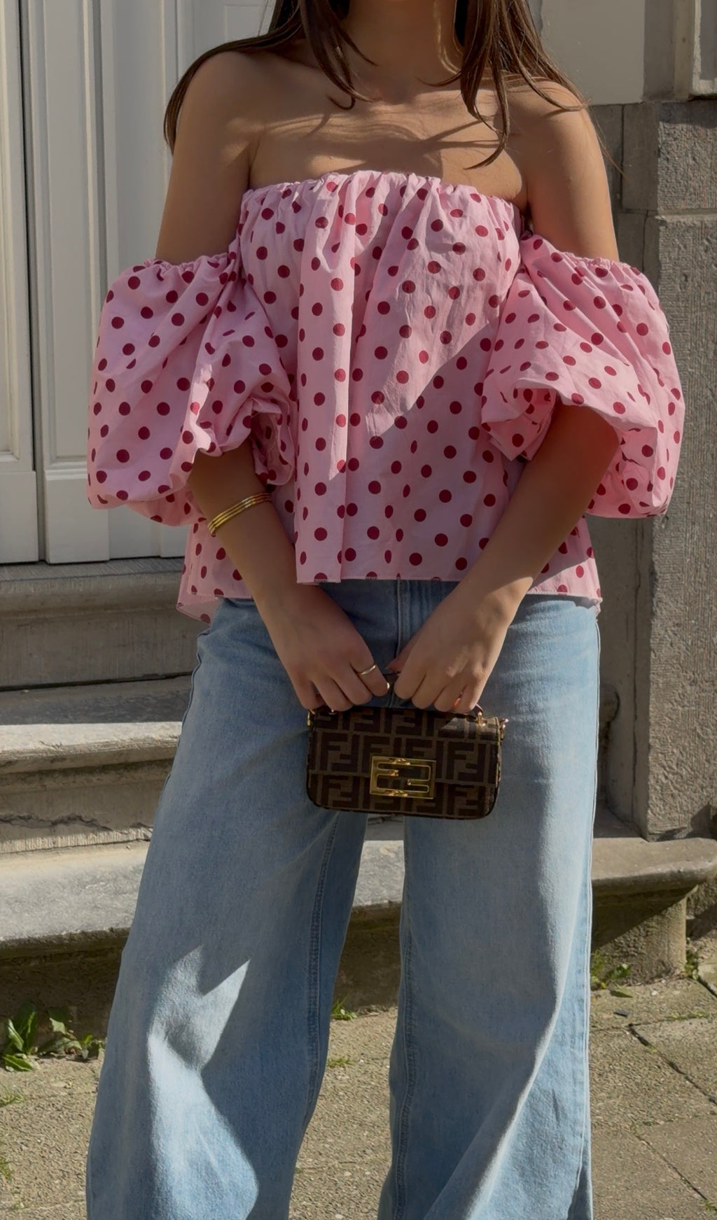 ARELLE OFF-SHOULDER CROPPED BLOUSE – POLKA DOTS (PINK/RED)
