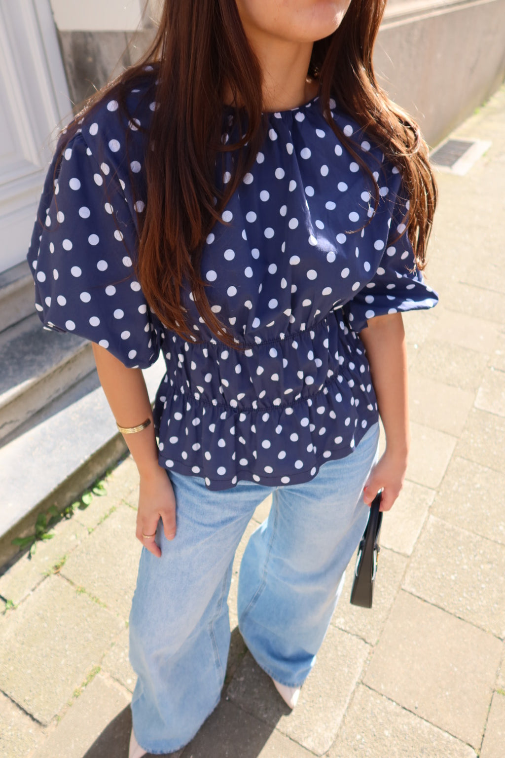 MAVIE SMOCKED PUFF SLEEVE TOP – POLKA DOT (NAVY/WHITE)