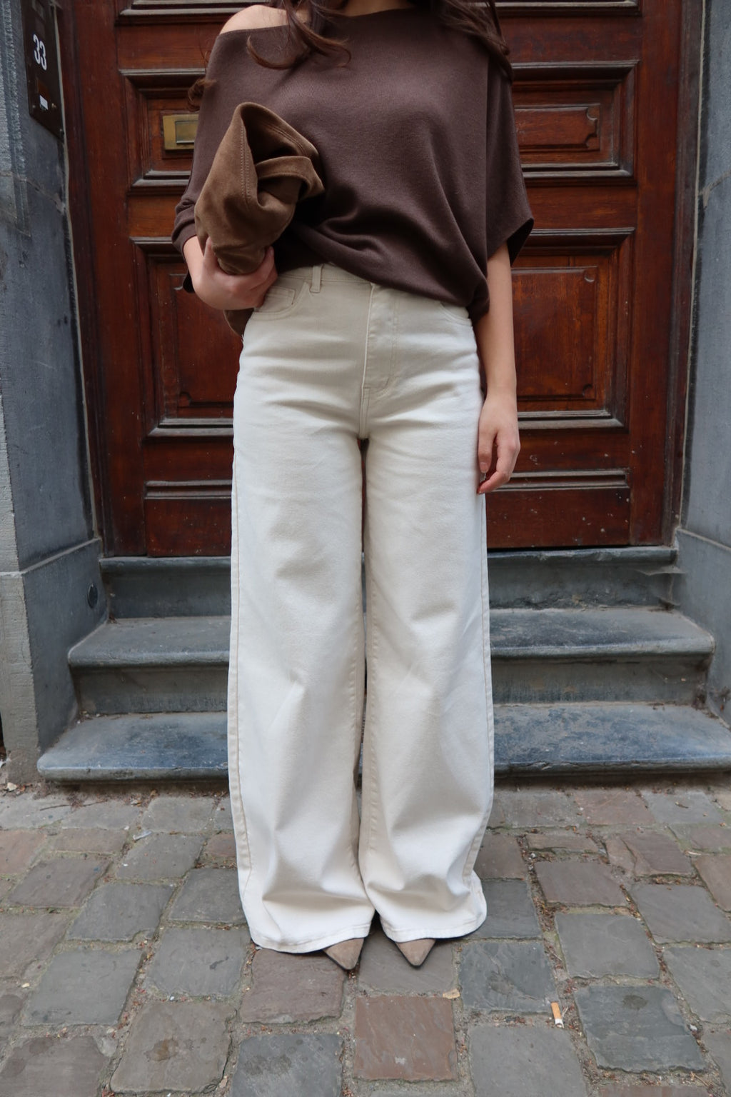 ELENERA WIDE LEG JEANS WITH STRETCH - CREAM