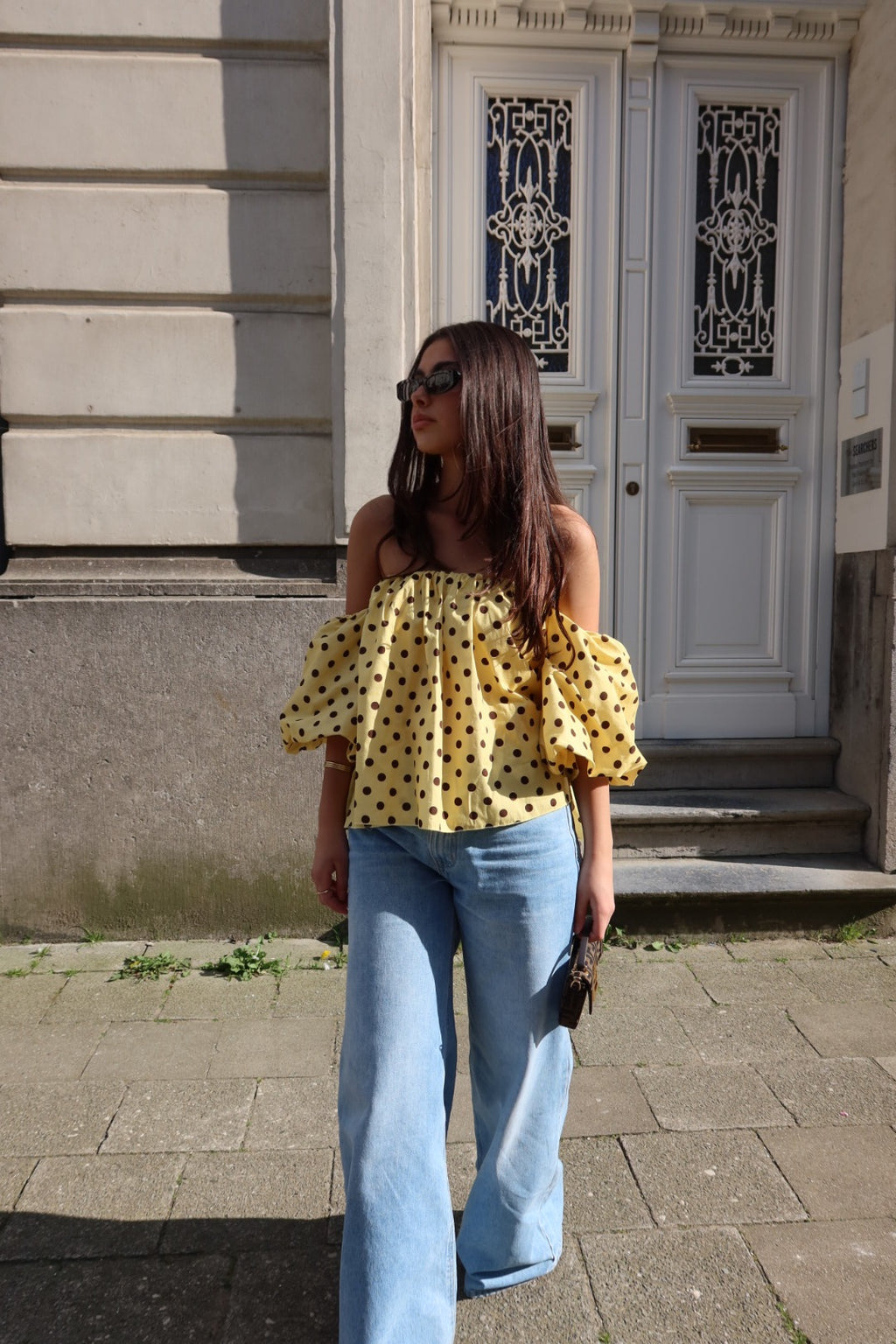 ARELLE OFF-SHOULDER CROPPED BLOUSE – POLKA DOTS (YELLOW/BROWN)