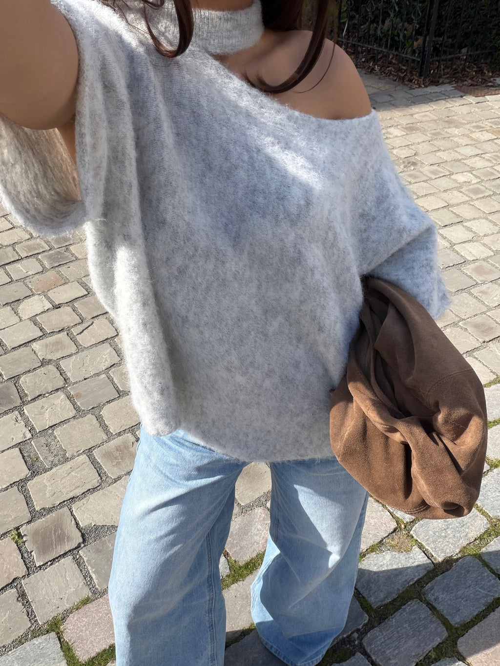 LIVORA ASYMMETRIC OFF-SHOULDER KNIT TOP  - GREY