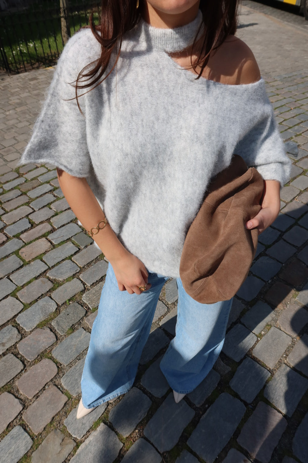 LIVORA ASYMMETRIC OFF-SHOULDER KNIT TOP  - GREY