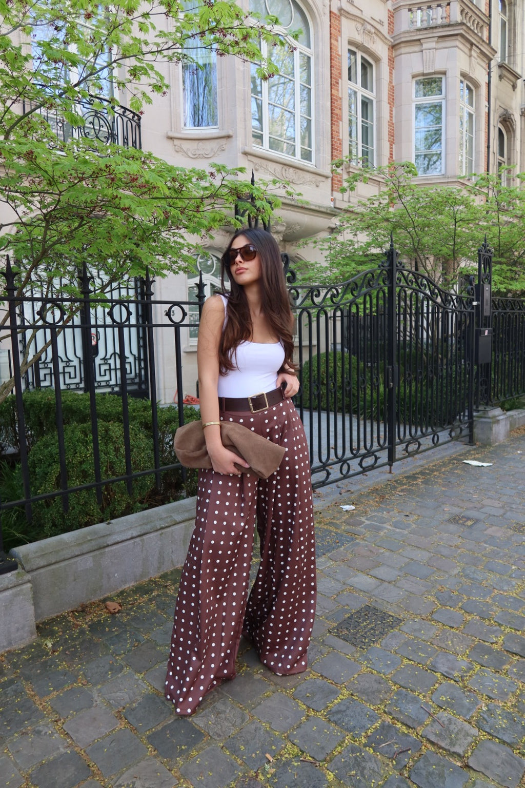 SIENNA WIDE LEG TROUSERS WITH STRETCH - POLKA DOTS (BROWN/WHITE)