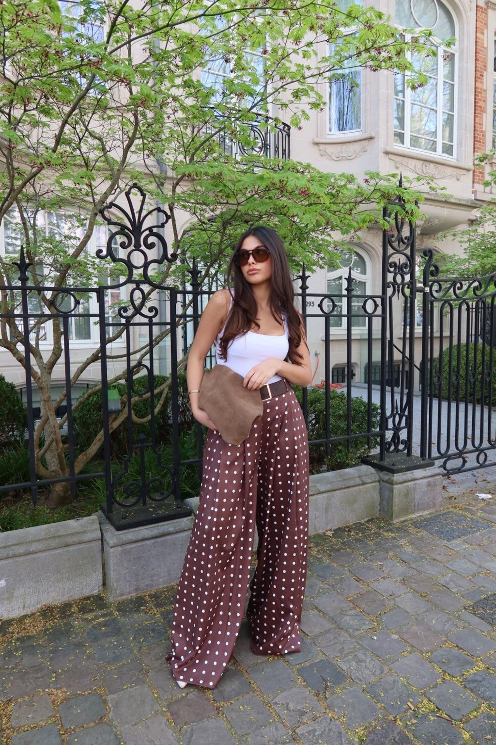 SIENNA WIDE LEG TROUSERS WITH STRETCH - POLKA DOTS (BROWN/WHITE)