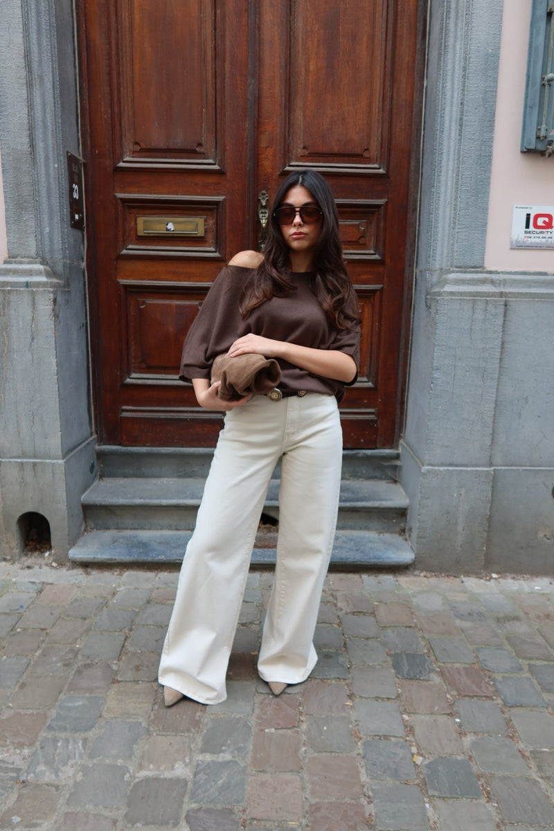ISALINE ASYMMETRIC OFF-SHOULDER KNIT TOP - BROWN