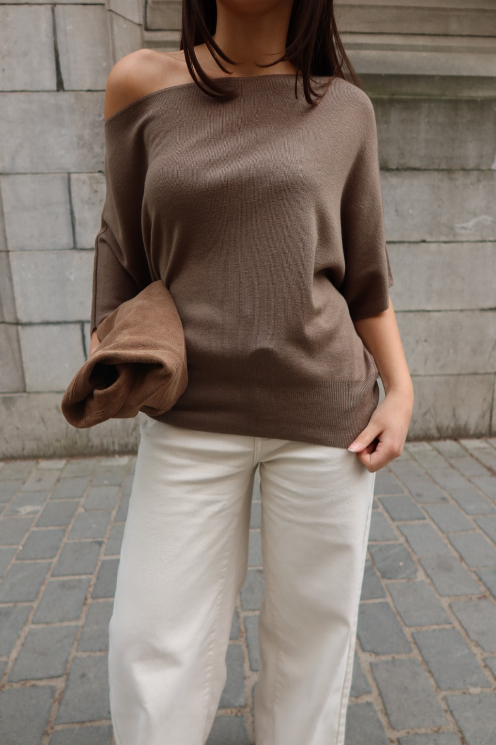 ISALINE ASYMMETRIC OFF-SHOULDER KNIT TOP - TAUPE