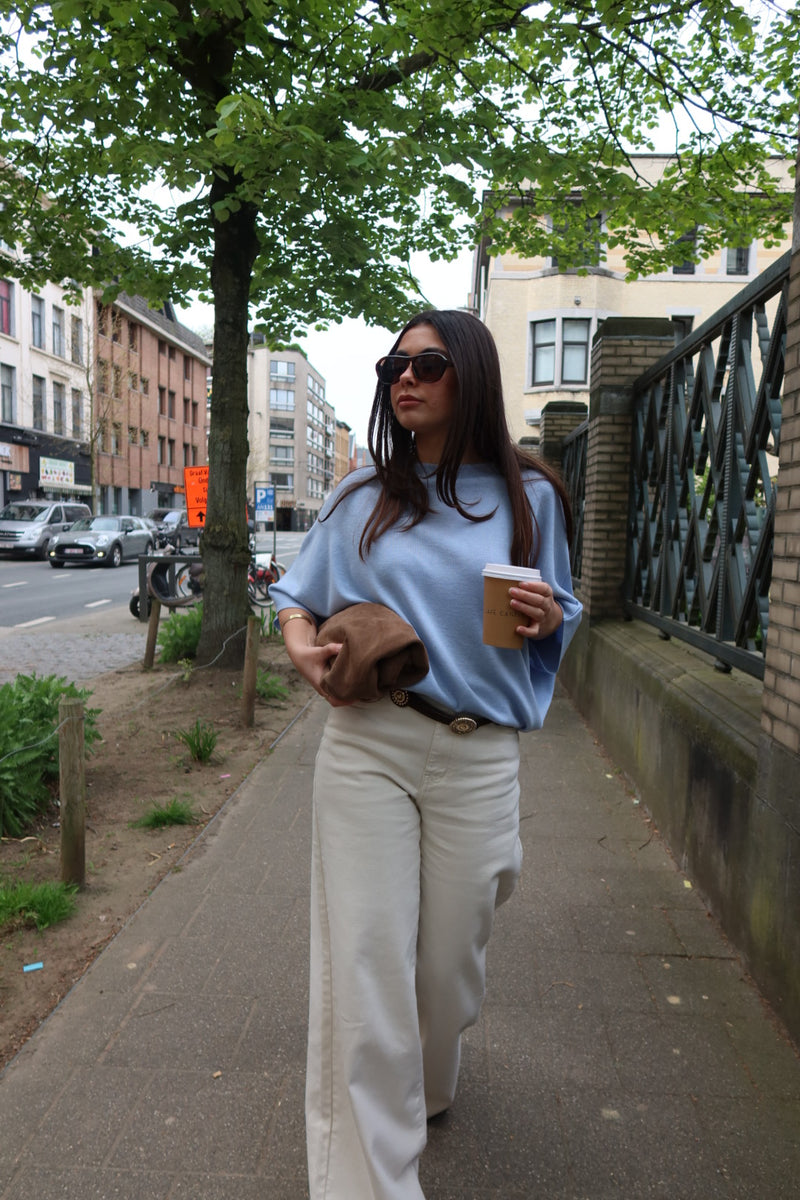 ISALINE ASYMMETRIC OFF-SHOULDER KNIT TOP - BLUE
