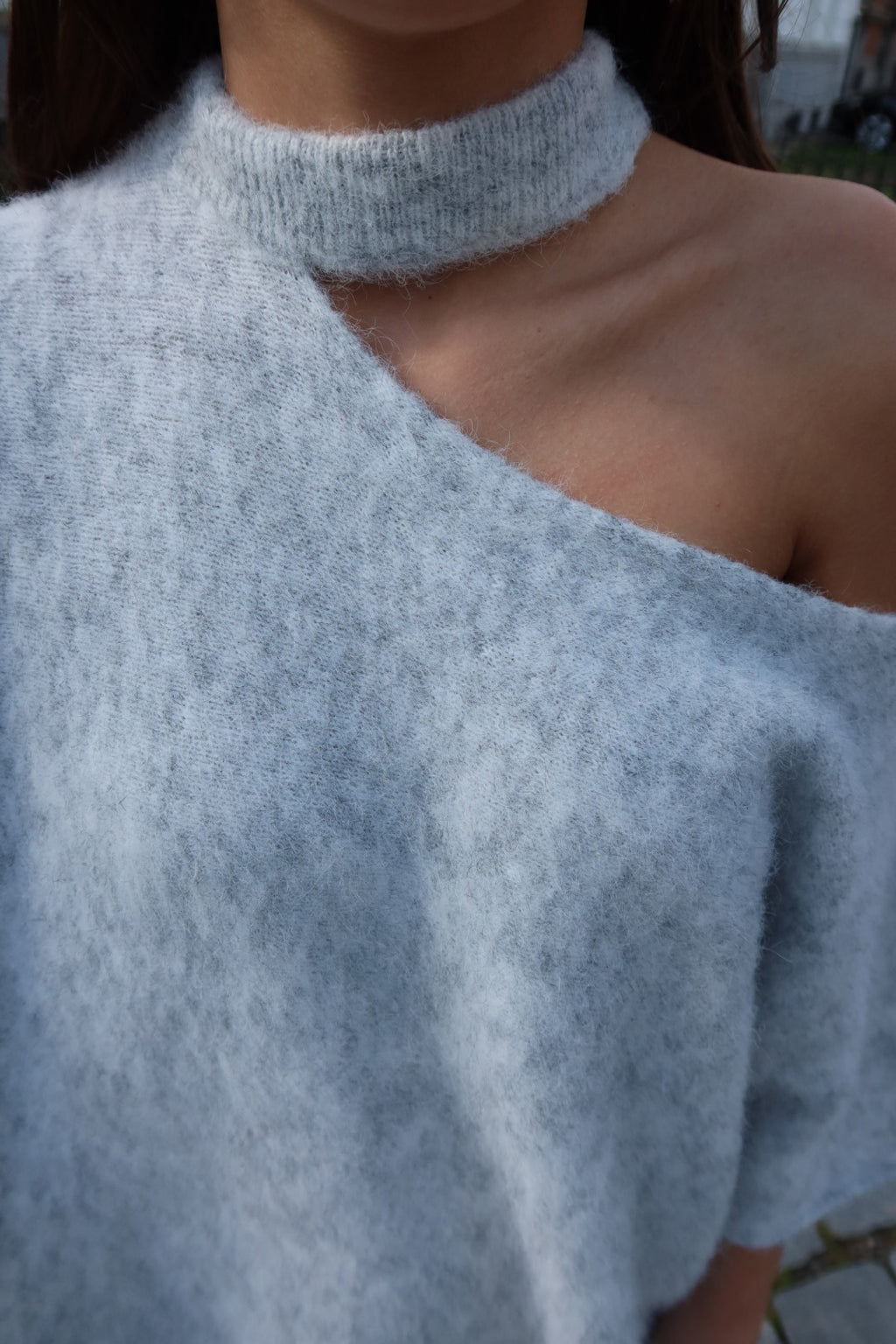 LIVORA ASYMMETRIC OFF-SHOULDER KNIT TOP  - GREY