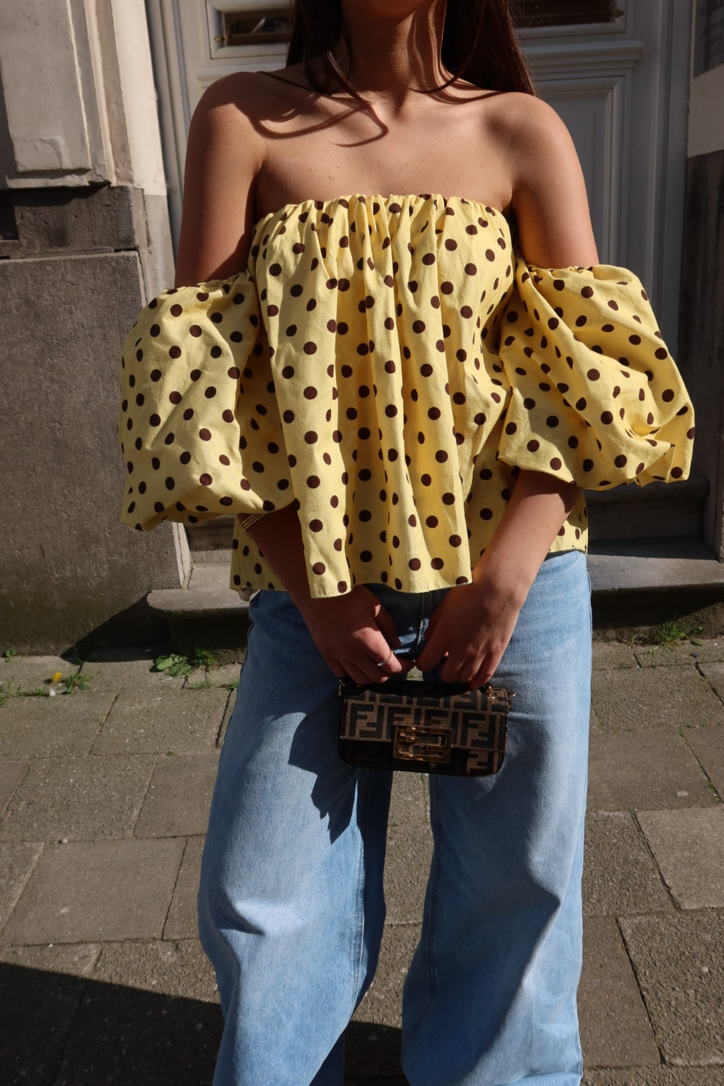 ARELLE OFF-SHOULDER CROPPED BLOUSE – POLKA DOTS (YELLOW/BROWN)