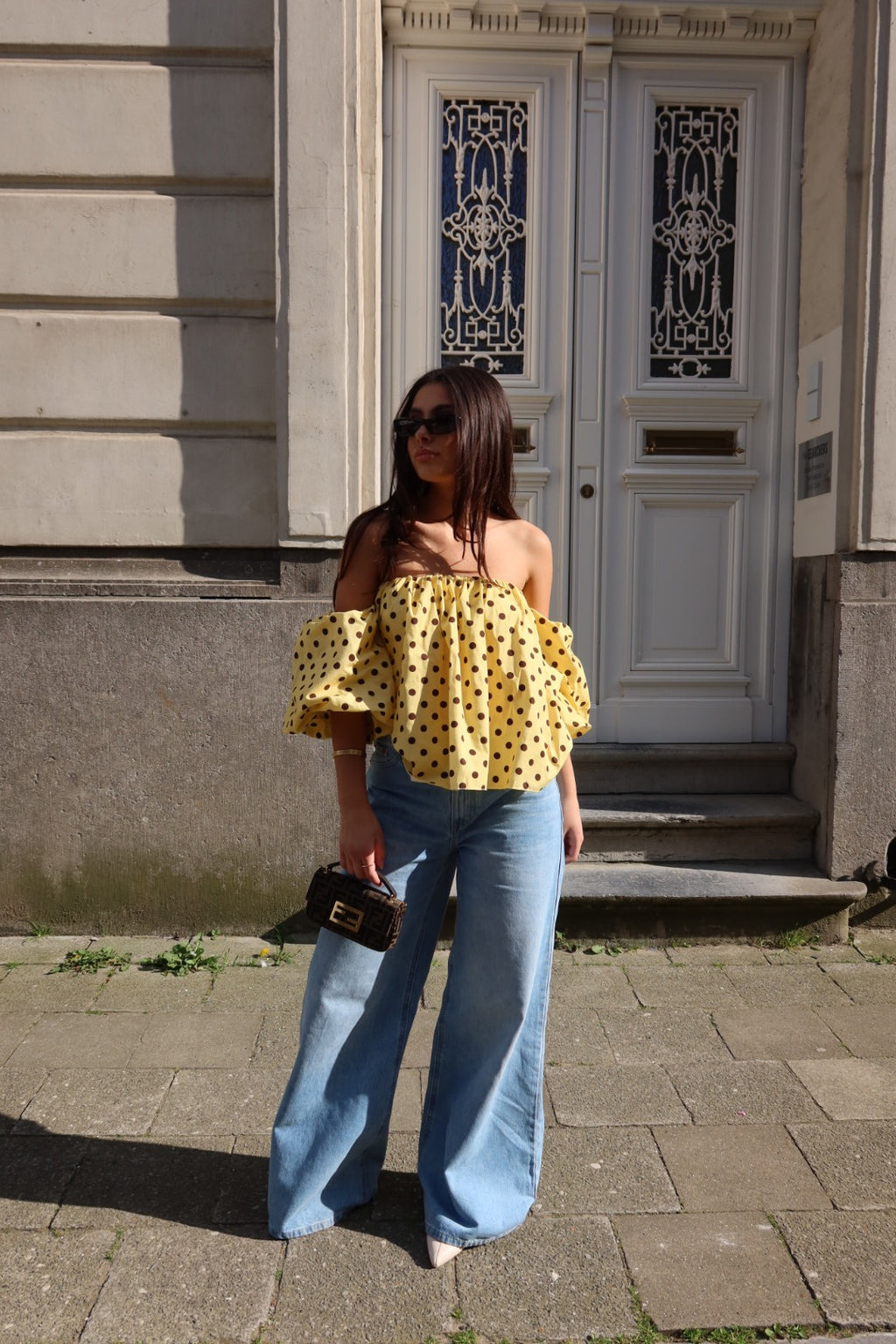 ARELLE OFF-SHOULDER CROPPED BLOUSE – POLKA DOTS (YELLOW/BROWN)