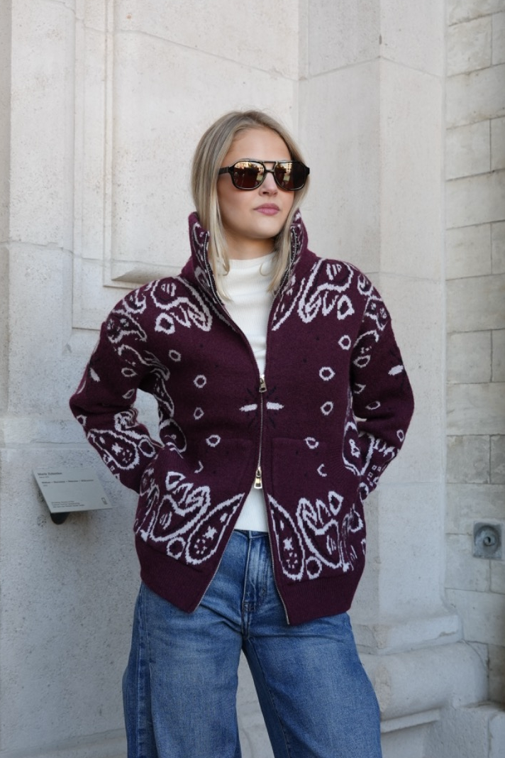 DARCY PAISLEY ZIP CARDIGAN BURGUNDY