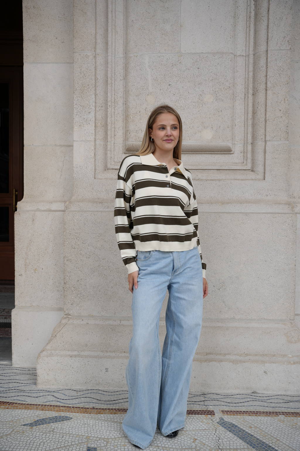 ORVELIA STRIPE POLO KNIT KHAKI/CREAM