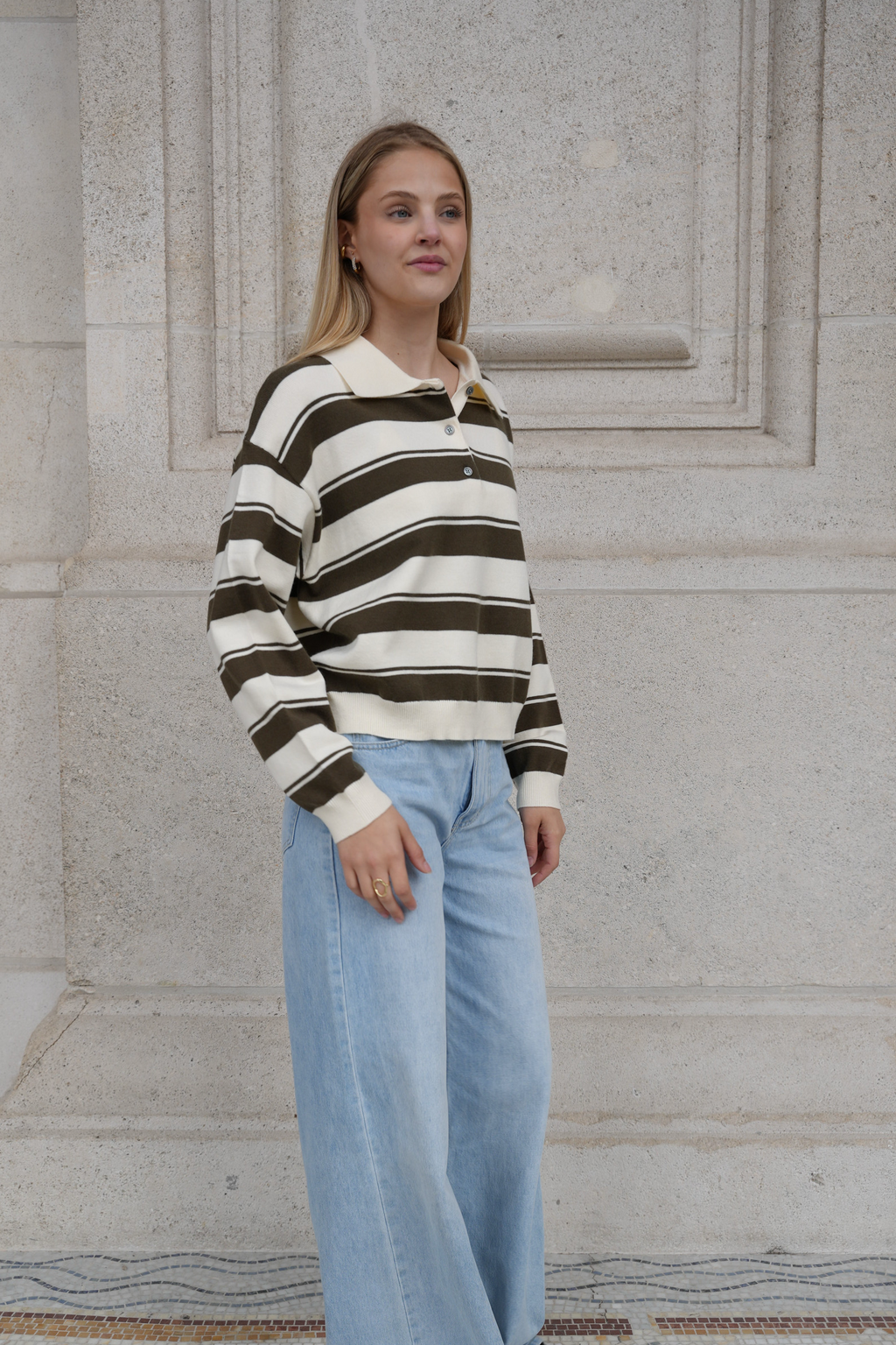 ORVELIA STRIPE POLO KNIT KHAKI/CREAM