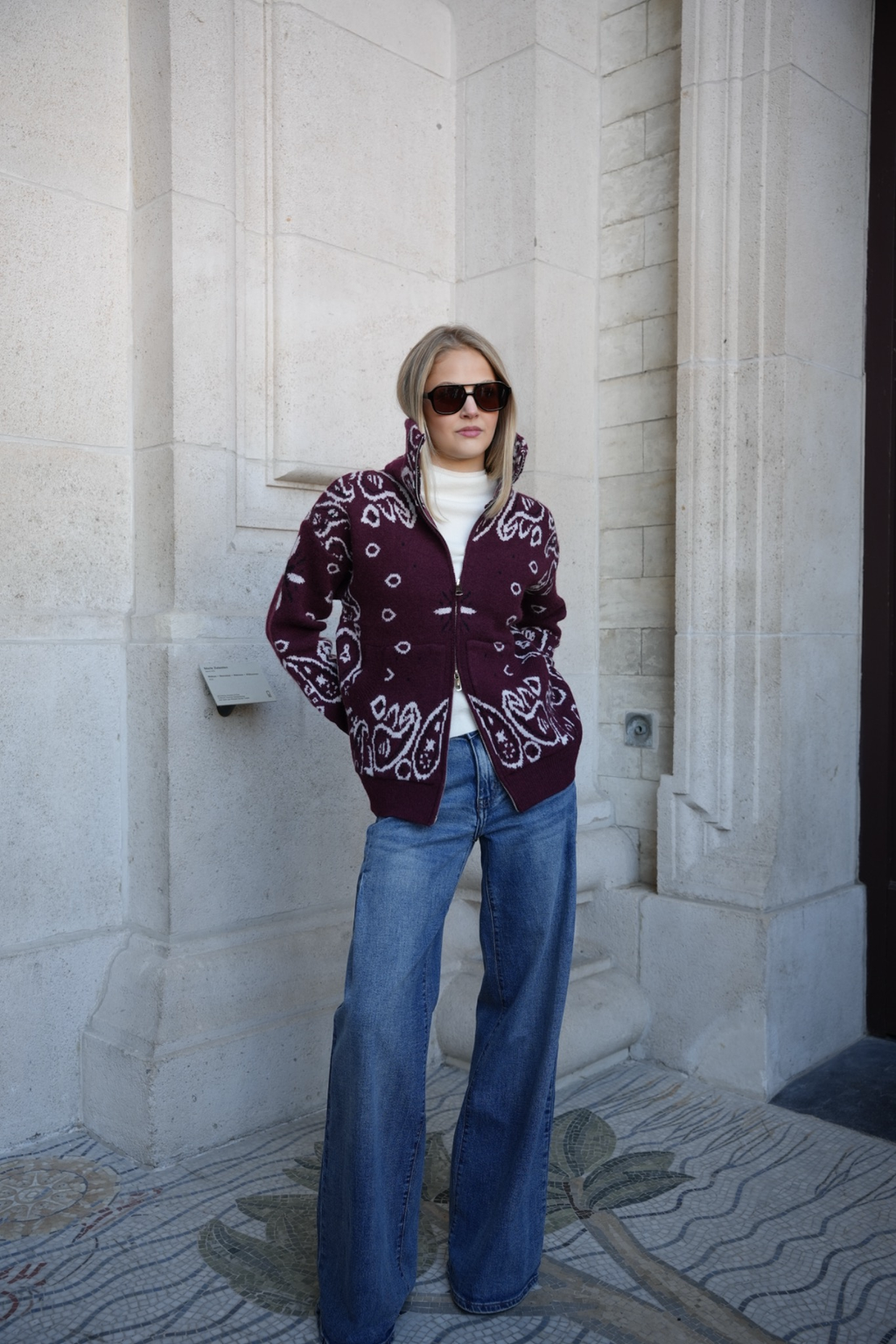 DARCY PAISLEY ZIP CARDIGAN BURGUNDY