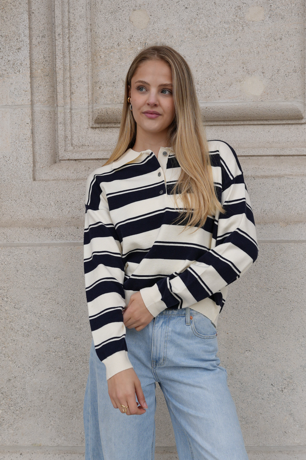 ORVELIA STRIPE POLO KNIT NAVY/CREAM
