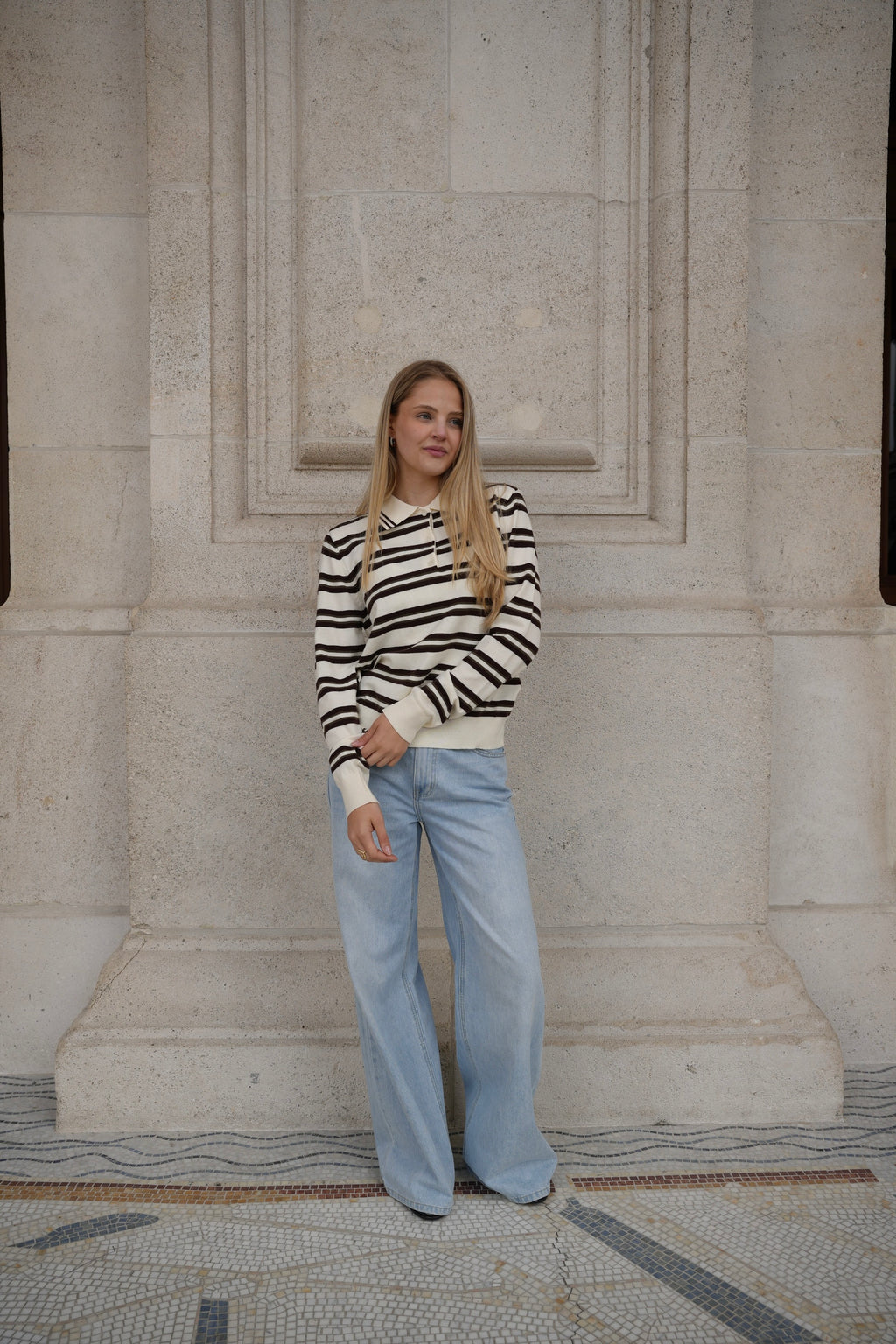 ODETTE STRIPED POLO KNIT BROWN