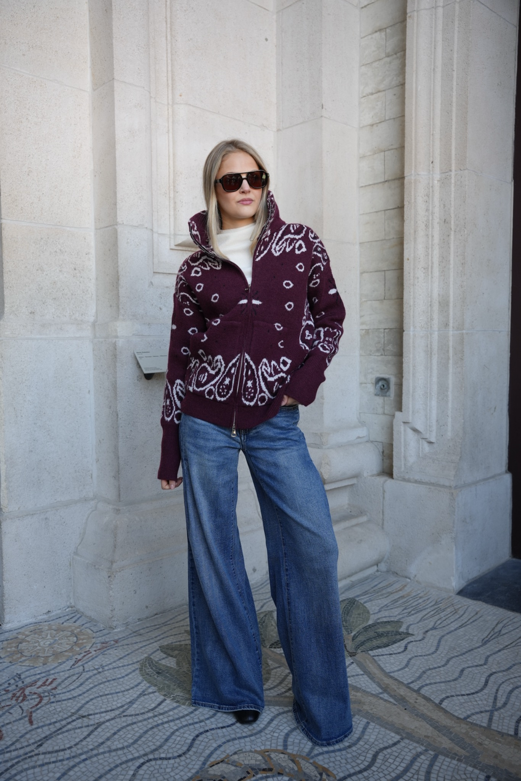 DARCY PAISLEY ZIP CARDIGAN BURGUNDY