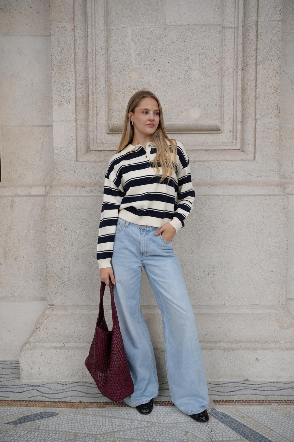 ORVELIA STRIPE POLO KNIT NAVY/CREAM