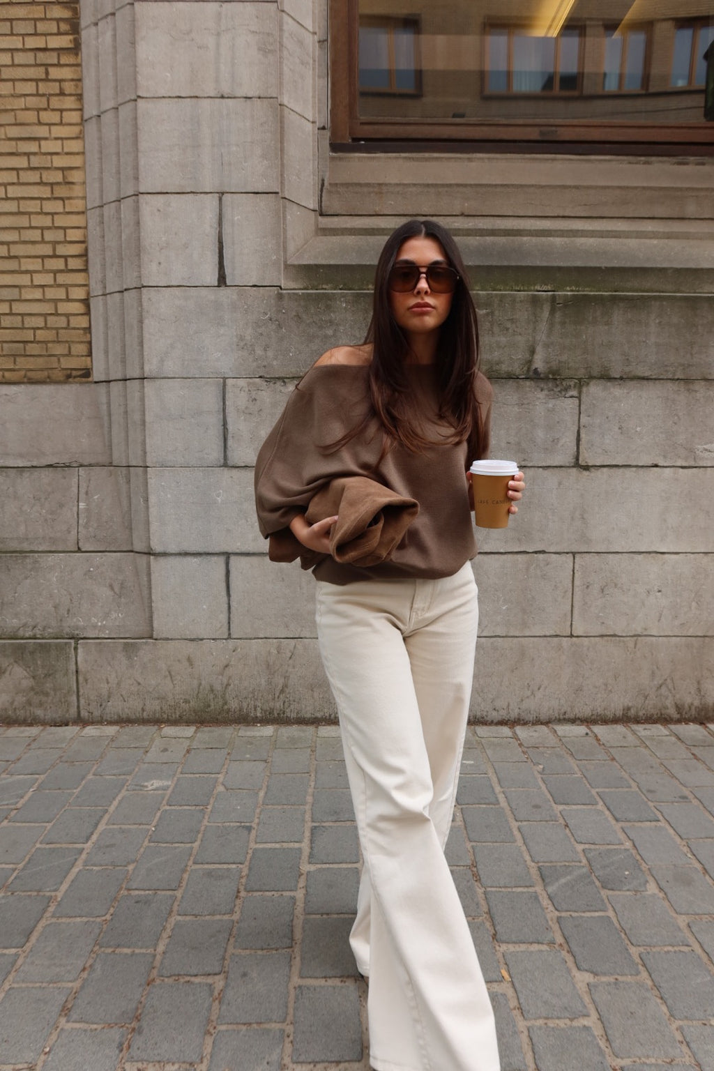 ISALINE ASYMMETRIC OFF-SHOULDER KNIT TOP - TAUPE