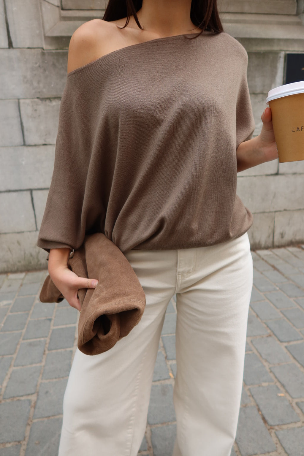ISALINE ASYMMETRIC OFF-SHOULDER KNIT TOP - TAUPE