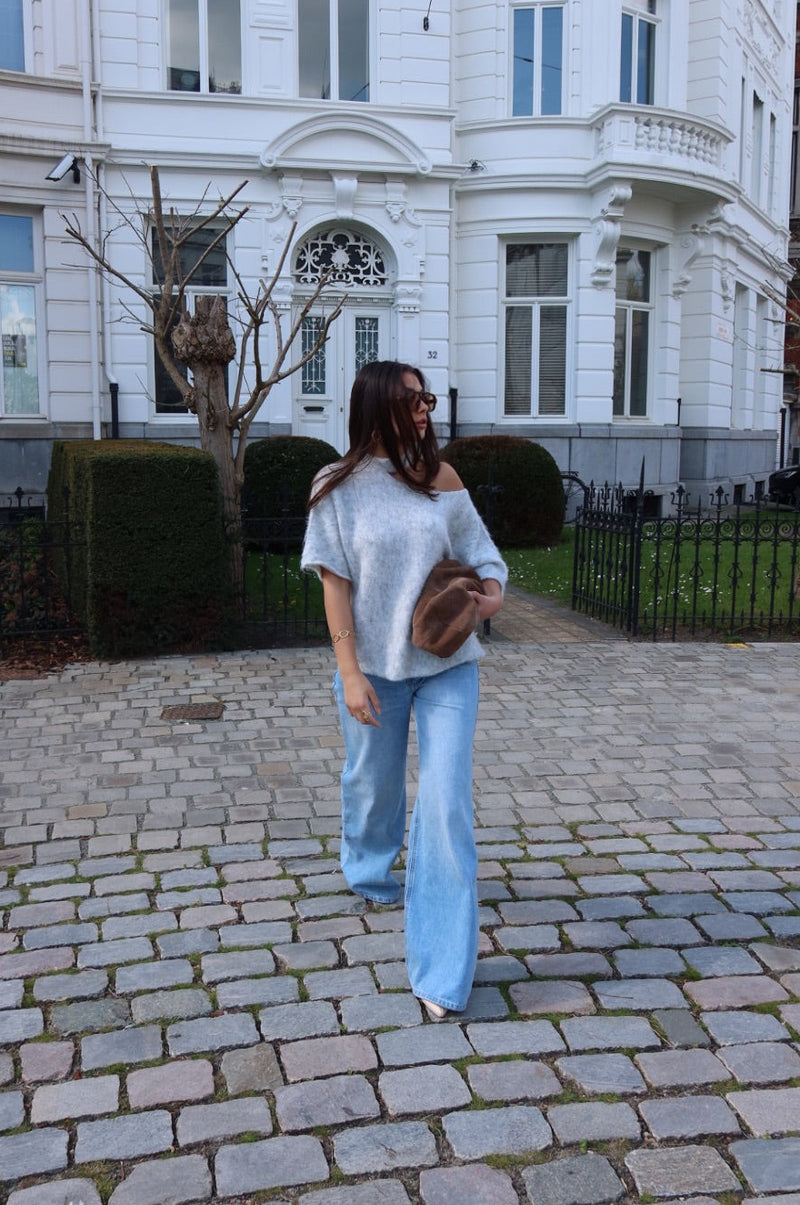 LIVORA ASYMMETRIC OFF-SHOULDER KNIT TOP  - GREY