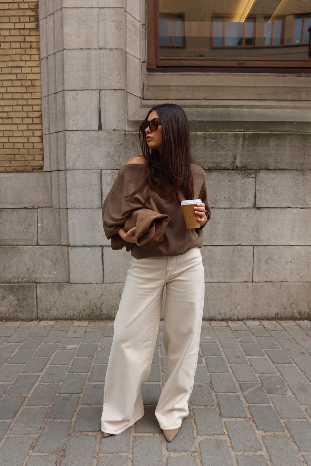 ISALINE ASYMMETRIC OFF-SHOULDER KNIT TOP - TAUPE