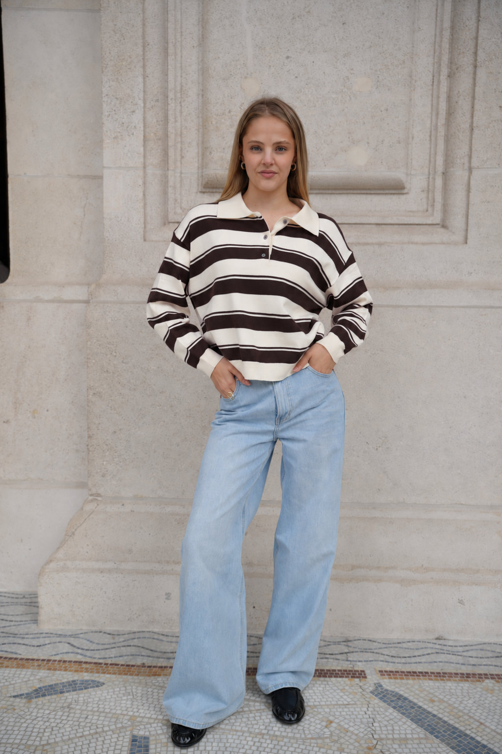 ORVELIA STRIPE POLO KNIT BROWN/CREAM