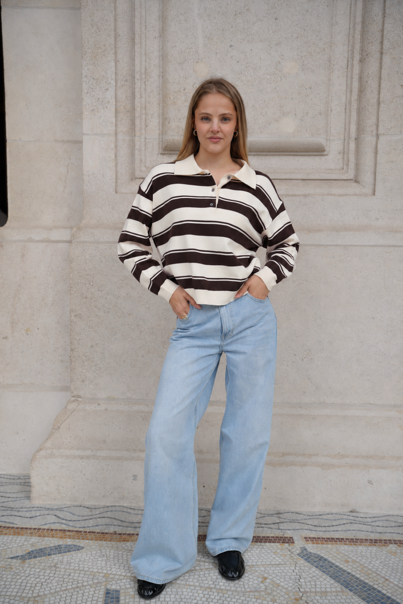 ORVELIA STRIPE POLO KNIT BROWN/CREAM