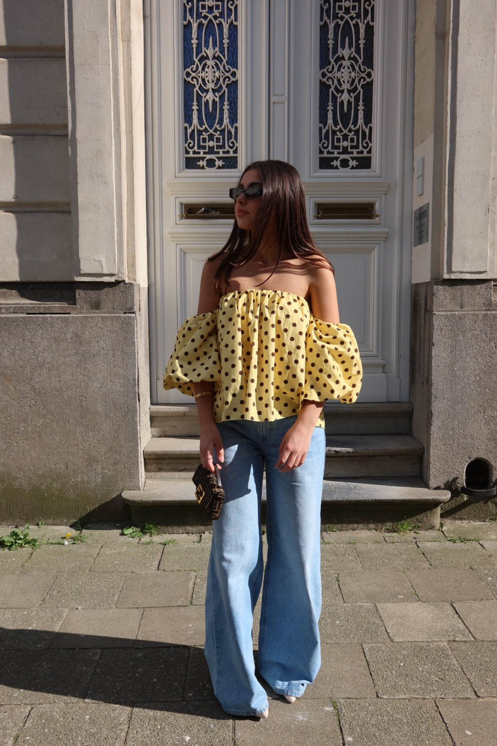 ARELLE OFF-SHOULDER CROPPED BLOUSE – POLKA DOTS (YELLOW/BROWN)