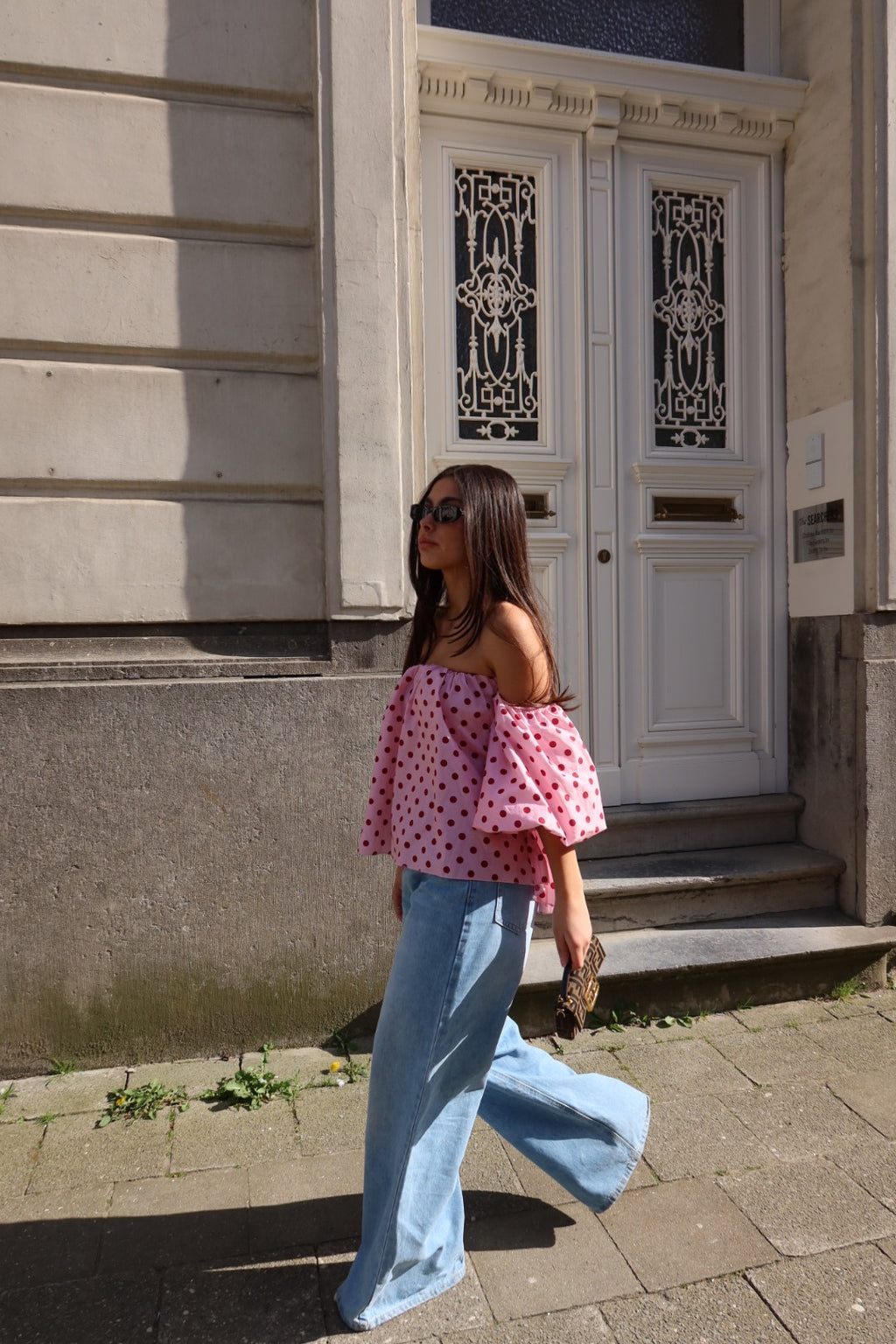 ARELLE OFF-SHOULDER CROPPED BLOUSE – POLKA DOTS (PINK/RED)