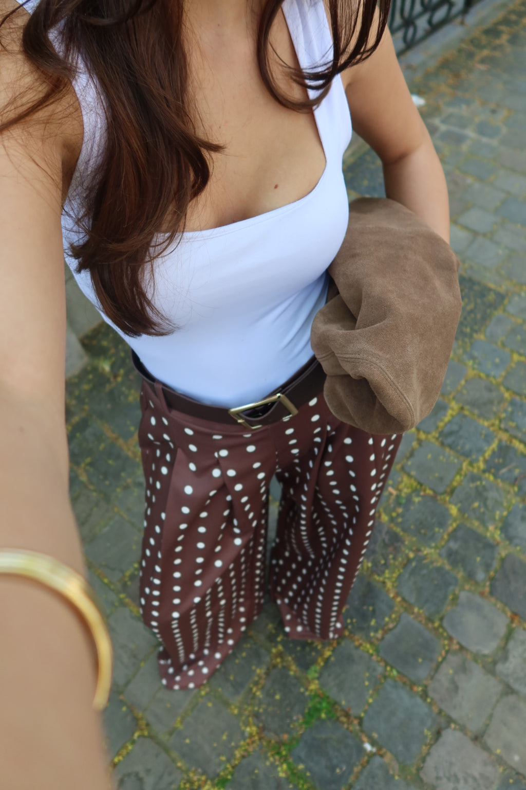 SIENNA WIDE LEG TROUSERS WITH STRETCH - POLKA DOTS (BROWN/WHITE)