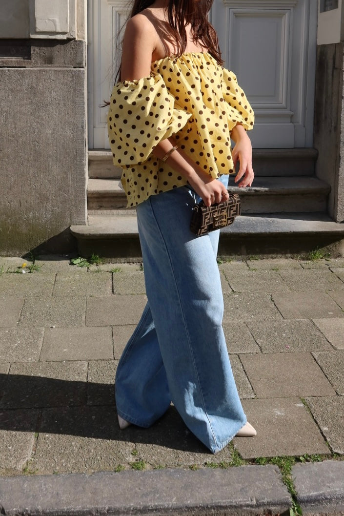 ARELLE OFF-SHOULDER CROPPED BLOUSE – POLKA DOTS (YELLOW/BROWN)
