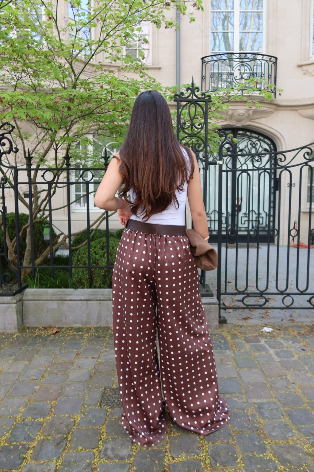 SIENNA WIDE LEG TROUSERS WITH STRETCH - POLKA DOTS (BROWN/WHITE)