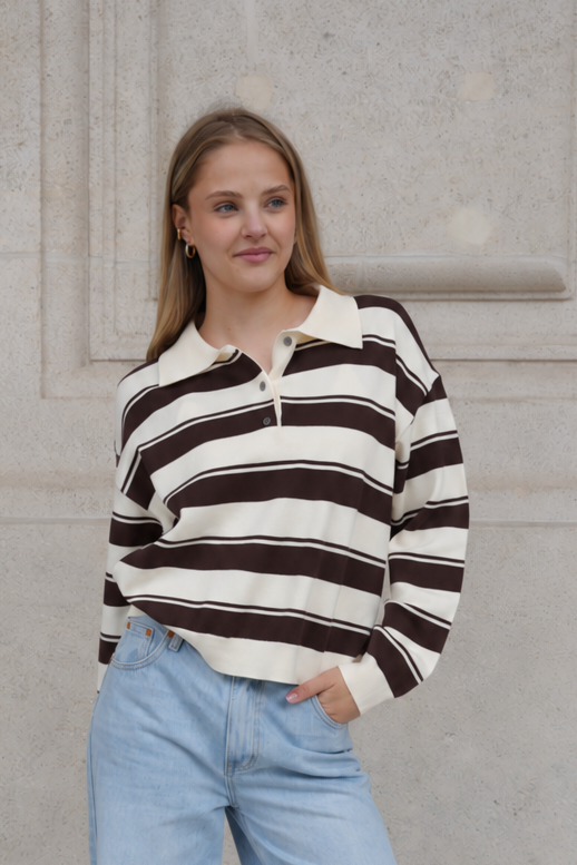 ORVELIA STRIPE POLO KNIT BROWN/CREAM