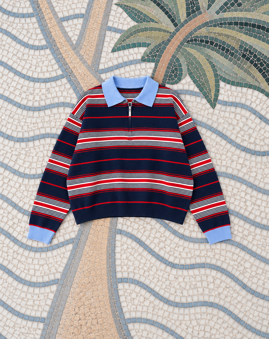 ZELARIS STRIPE ZIP POLO KNIT NAVY/RED