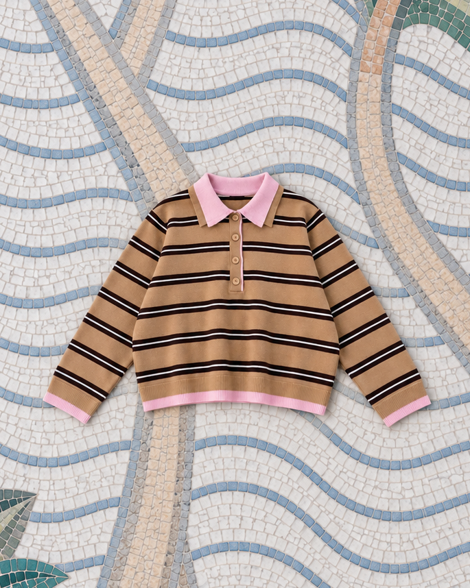 ELYVORA STRIPE POLO KNIT CAMEL/PINK