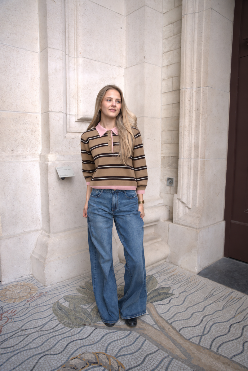 ELYVORA STRIPE POLO KNIT CAMEL/PINK