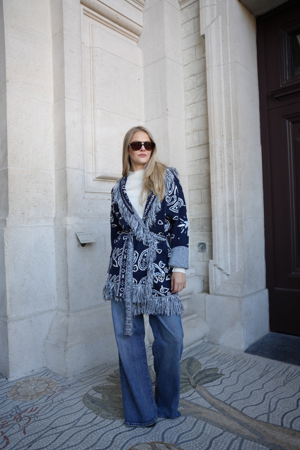 RIVIERA PAISLEY WRAP COAT NAVY